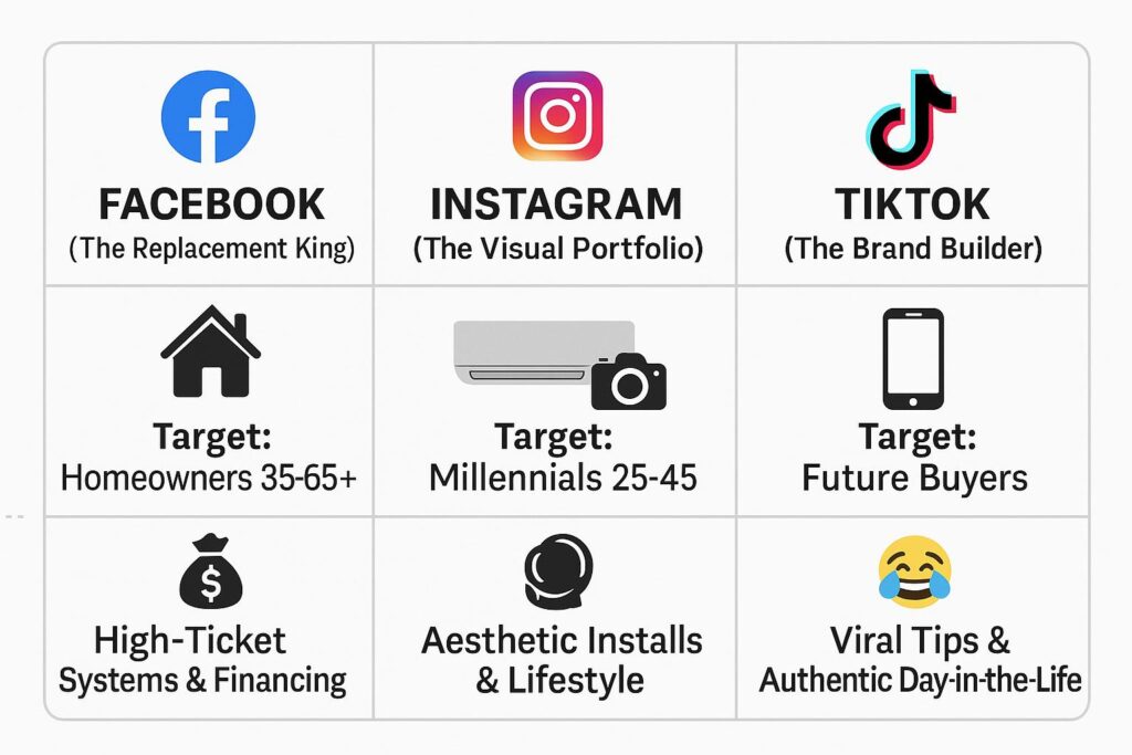 A three-column infographic detailing the best use cases for Facebook, Instagram, and TikTok for HVAC contractors.