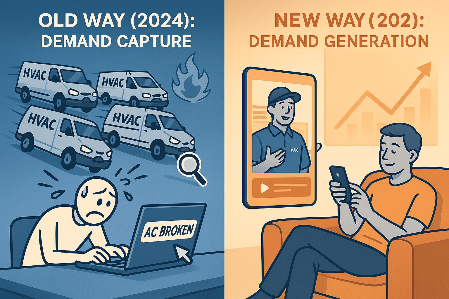 A split-screen illustration showing an outdated, reactive HVAC marketing model versus a modern, proactive 2026 model using social media demand generation.