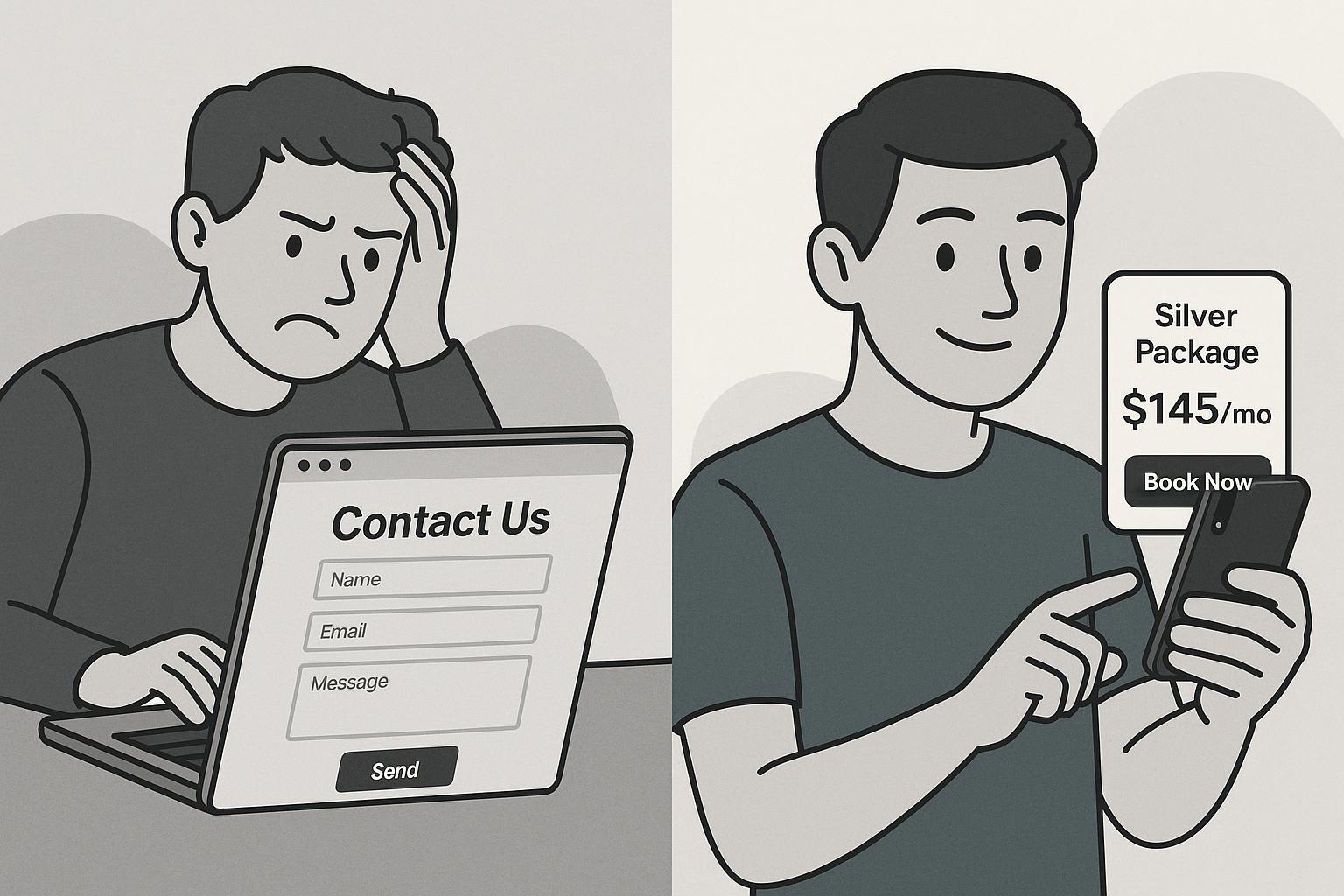 Comparison of a standard HVAC contact form vs an instant online pricing calculator.