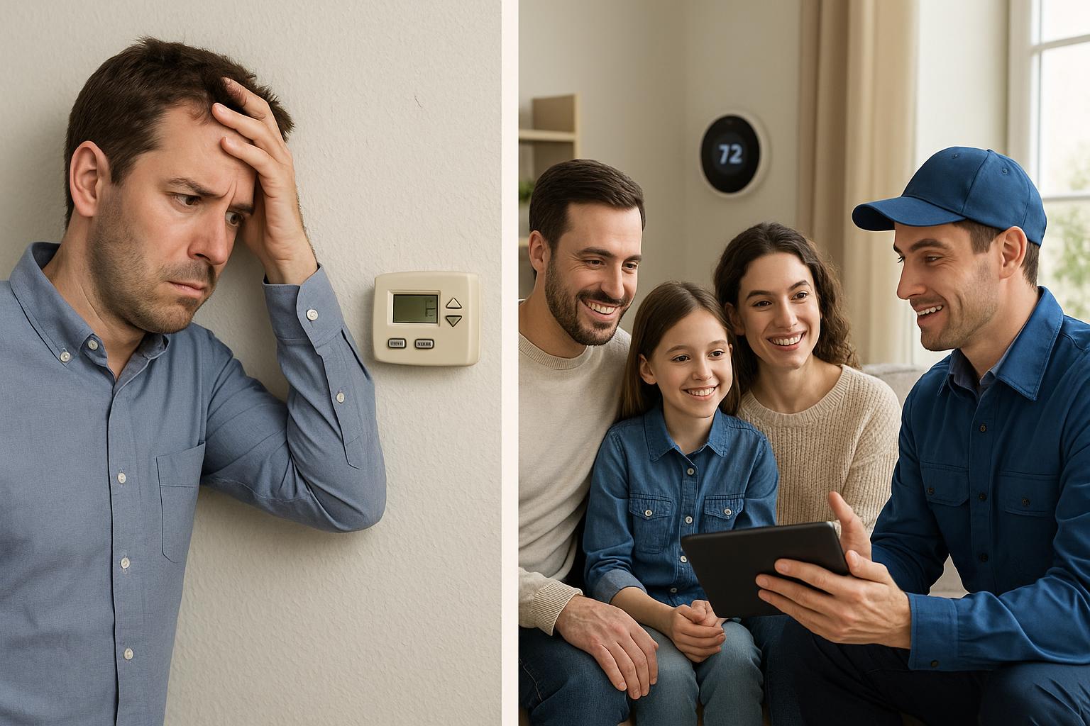 HVAC contractor explaining value options to a homeowner versus a cheap, confusing fix.